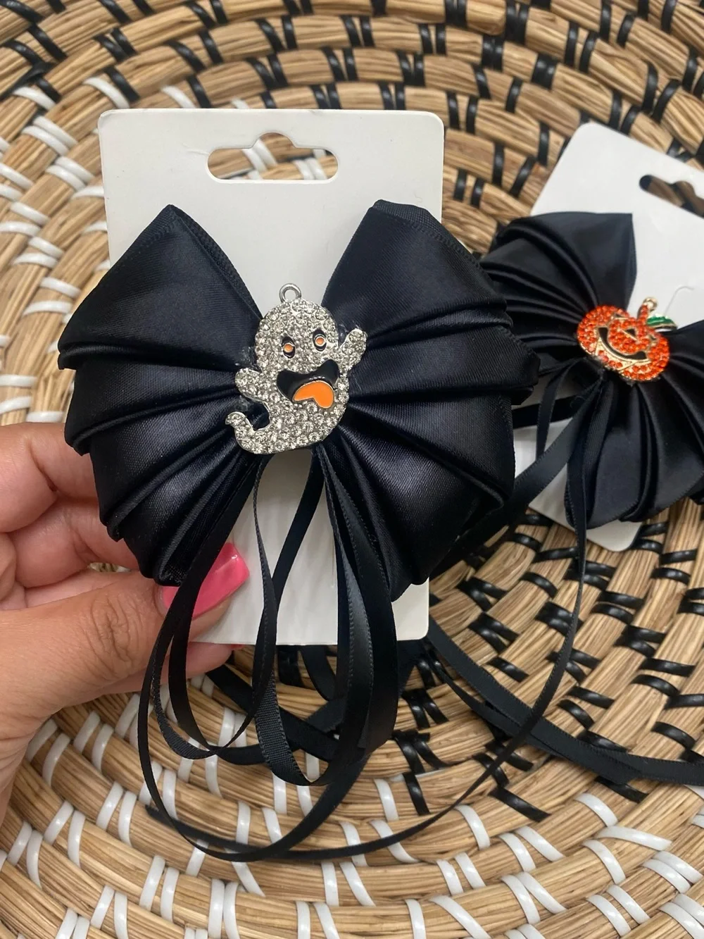 Black Satin Halloween Bow Hair Clips with Pumpkin and Ghost Charms